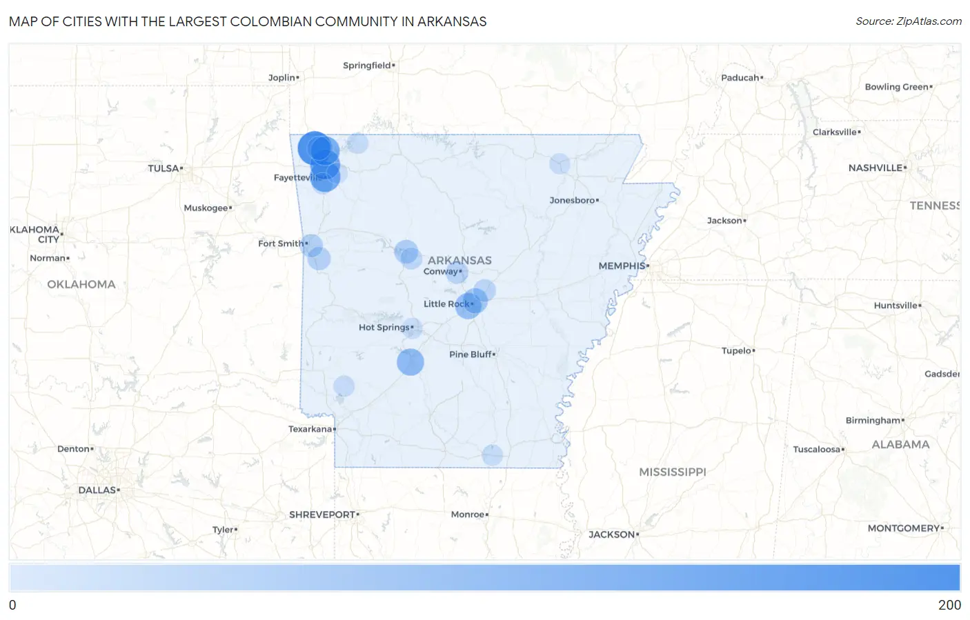 Cities with the Largest Colombian Community in Arkansas Map