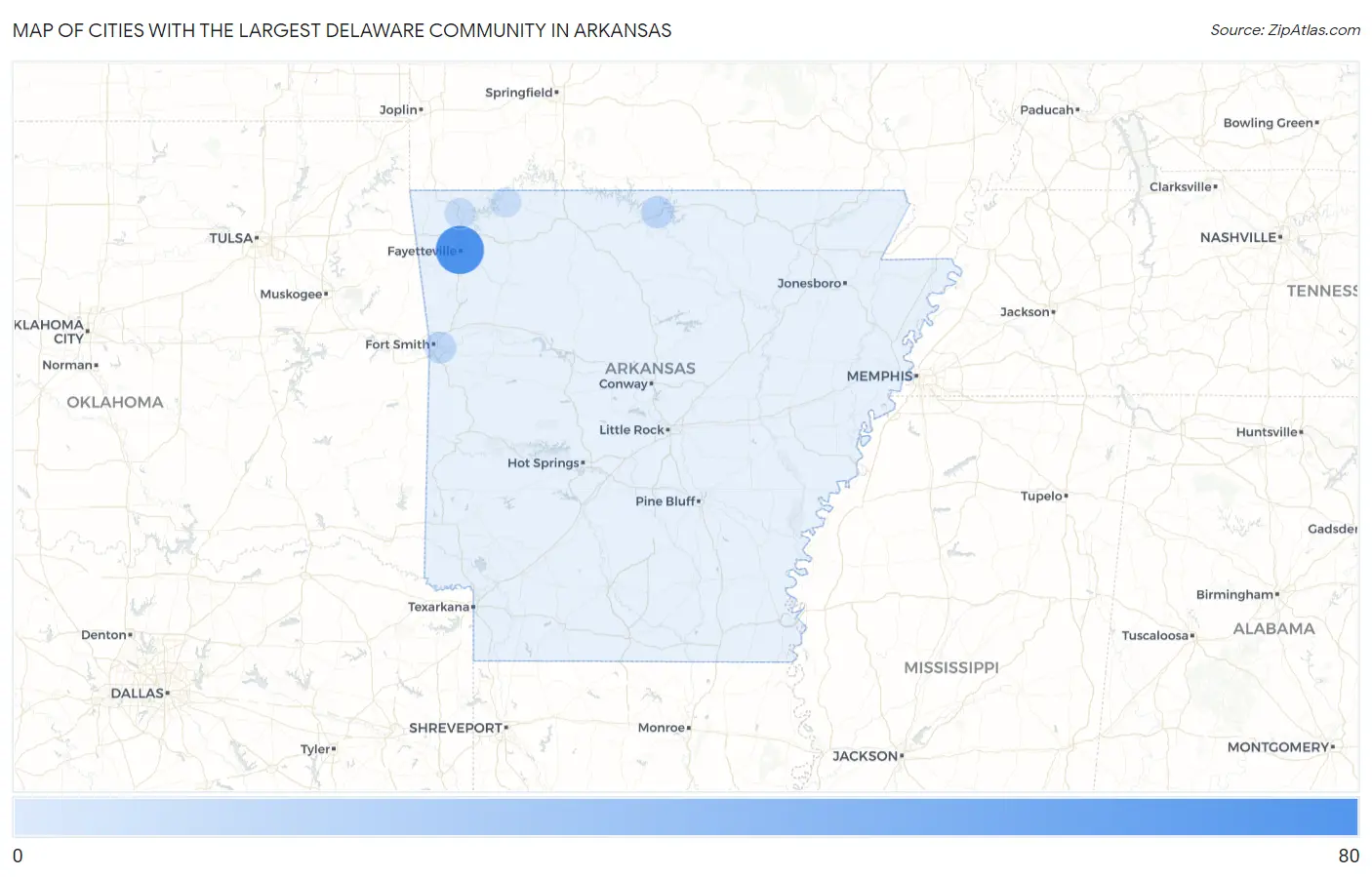 Cities with the Largest Delaware Community in Arkansas Map