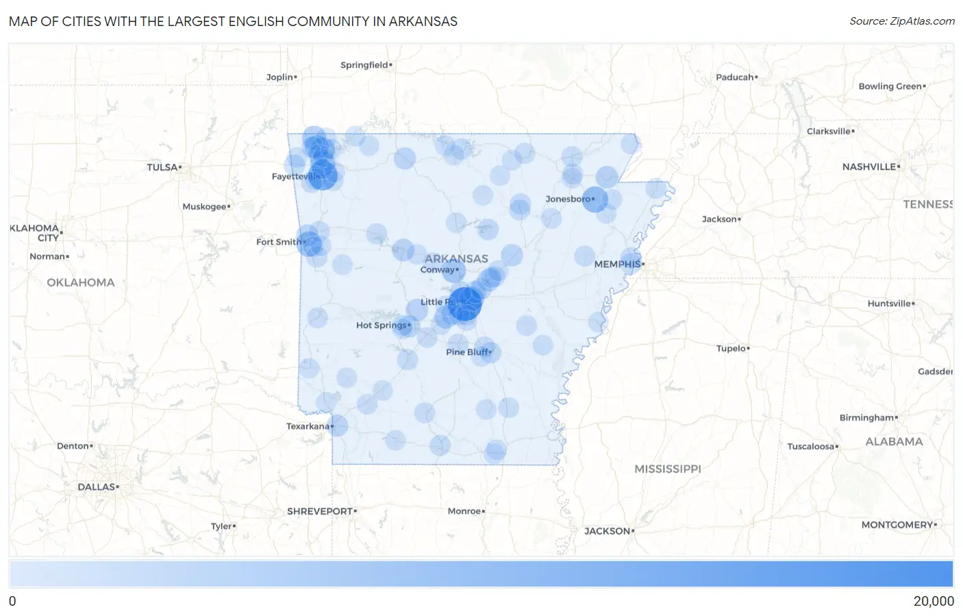 Cities with the Largest English Community in Arkansas Map