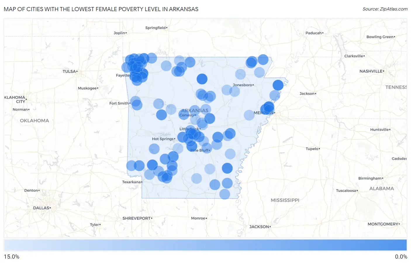 Cities with the Lowest Female Poverty Level in Arkansas Map