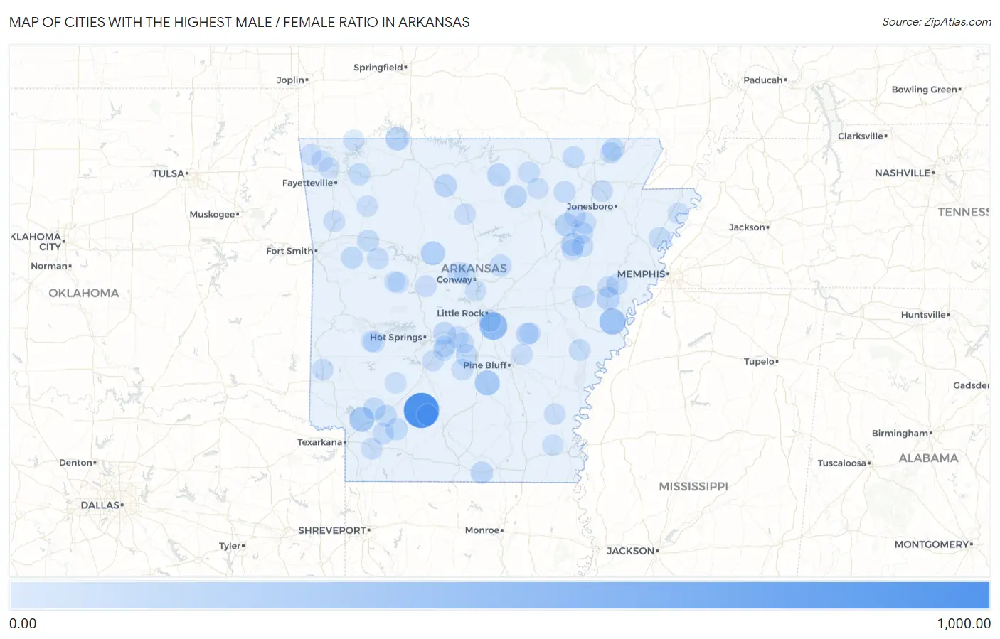 Cities with the Highest Male / Female Ratio in Arkansas Map