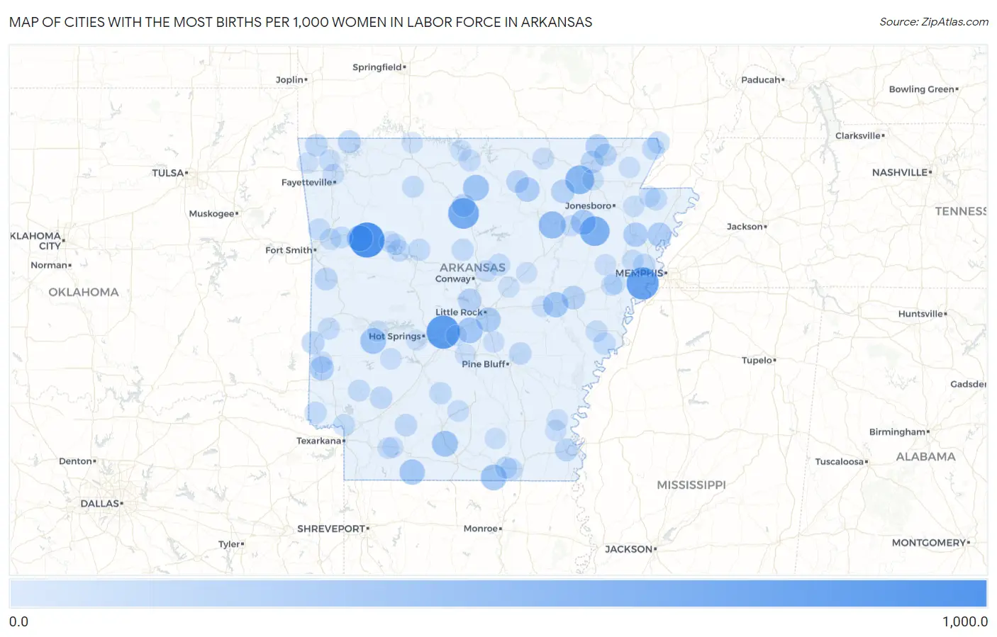 Cities with the Most Births per 1,000 Women in Labor Force in Arkansas Map