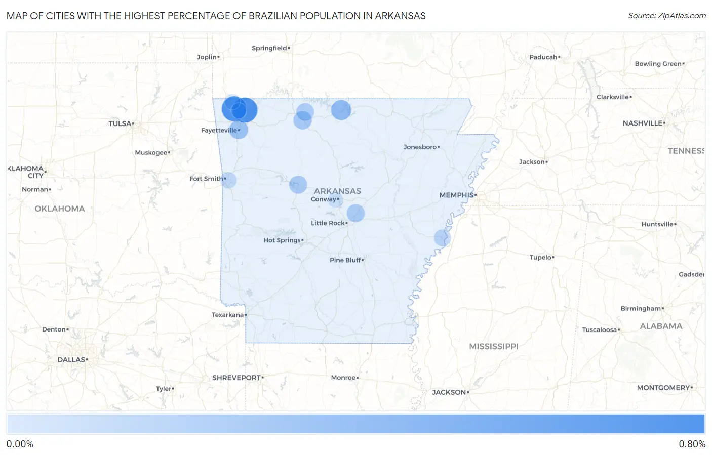 Cities with the Highest Percentage of Brazilian Population in Arkansas Map