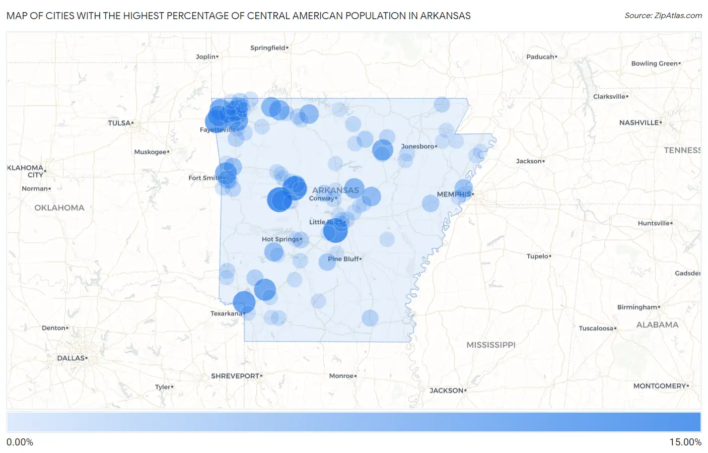 Cities with the Highest Percentage of Central American Population in Arkansas Map