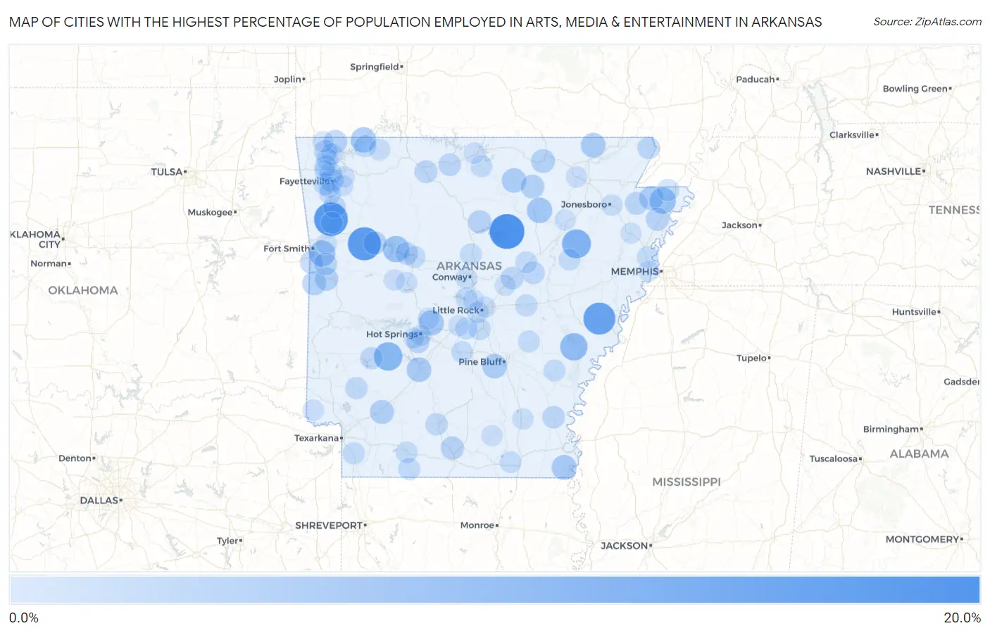 Cities with the Highest Percentage of Population Employed in Arts, Media & Entertainment in Arkansas Map