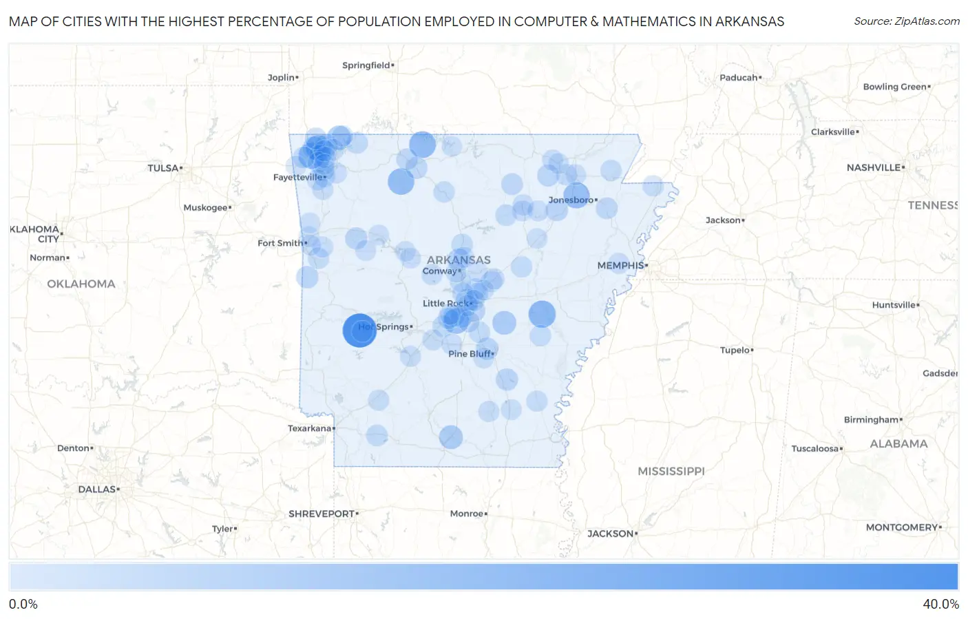 Cities with the Highest Percentage of Population Employed in Computer & Mathematics in Arkansas Map