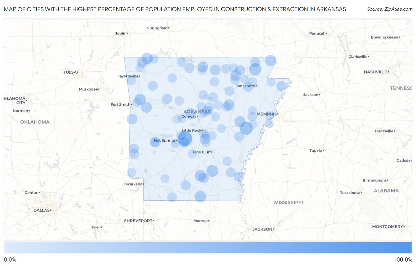 Cities with the Highest Percentage of Population Employed in Construction & Extraction in Arkansas Map