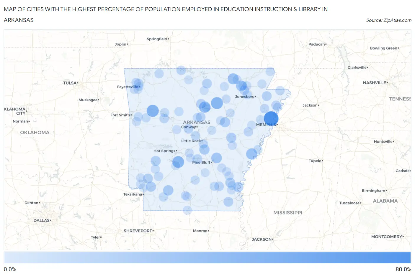 Cities with the Highest Percentage of Population Employed in Education Instruction & Library in Arkansas Map