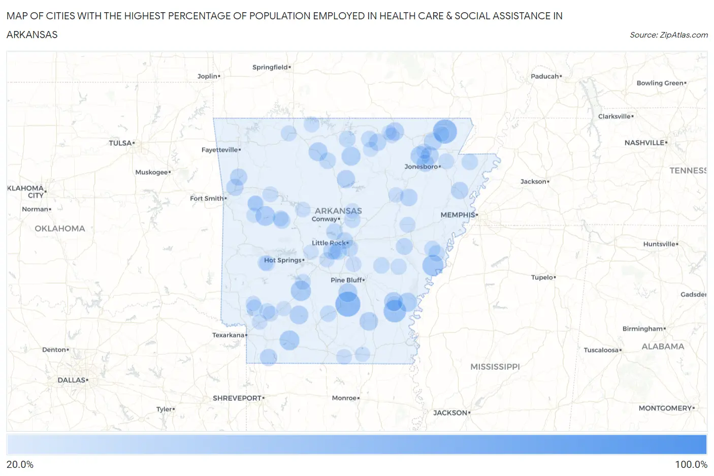 Cities with the Highest Percentage of Population Employed in Health Care & Social Assistance in Arkansas Map