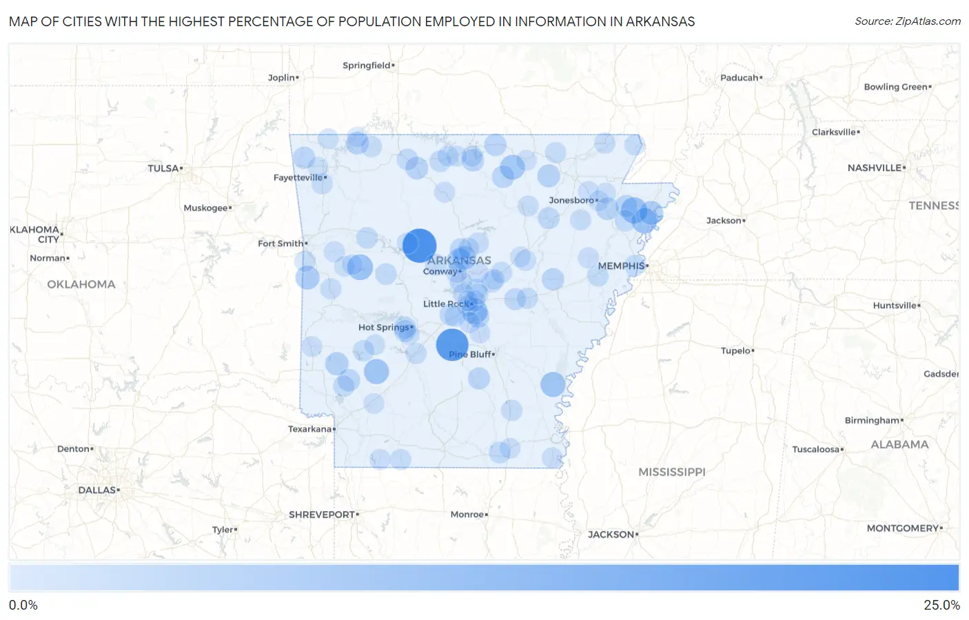 Cities with the Highest Percentage of Population Employed in Information in Arkansas Map