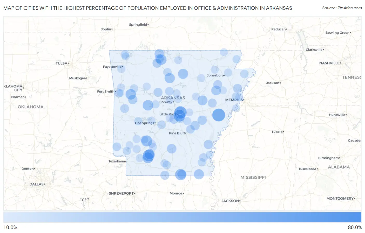 Cities with the Highest Percentage of Population Employed in Office & Administration in Arkansas Map