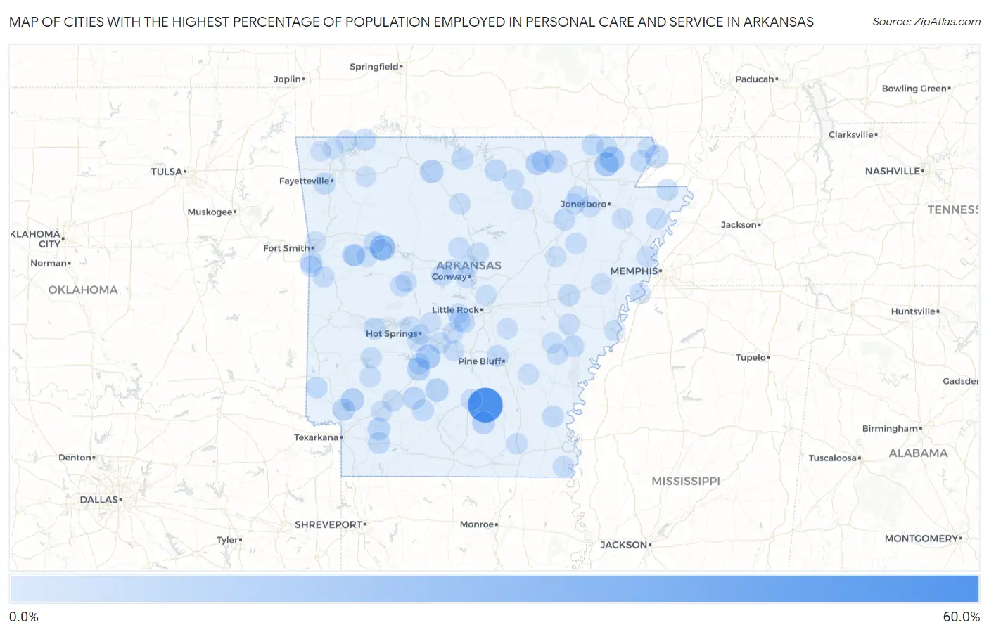Cities with the Highest Percentage of Population Employed in Personal Care and Service in Arkansas Map