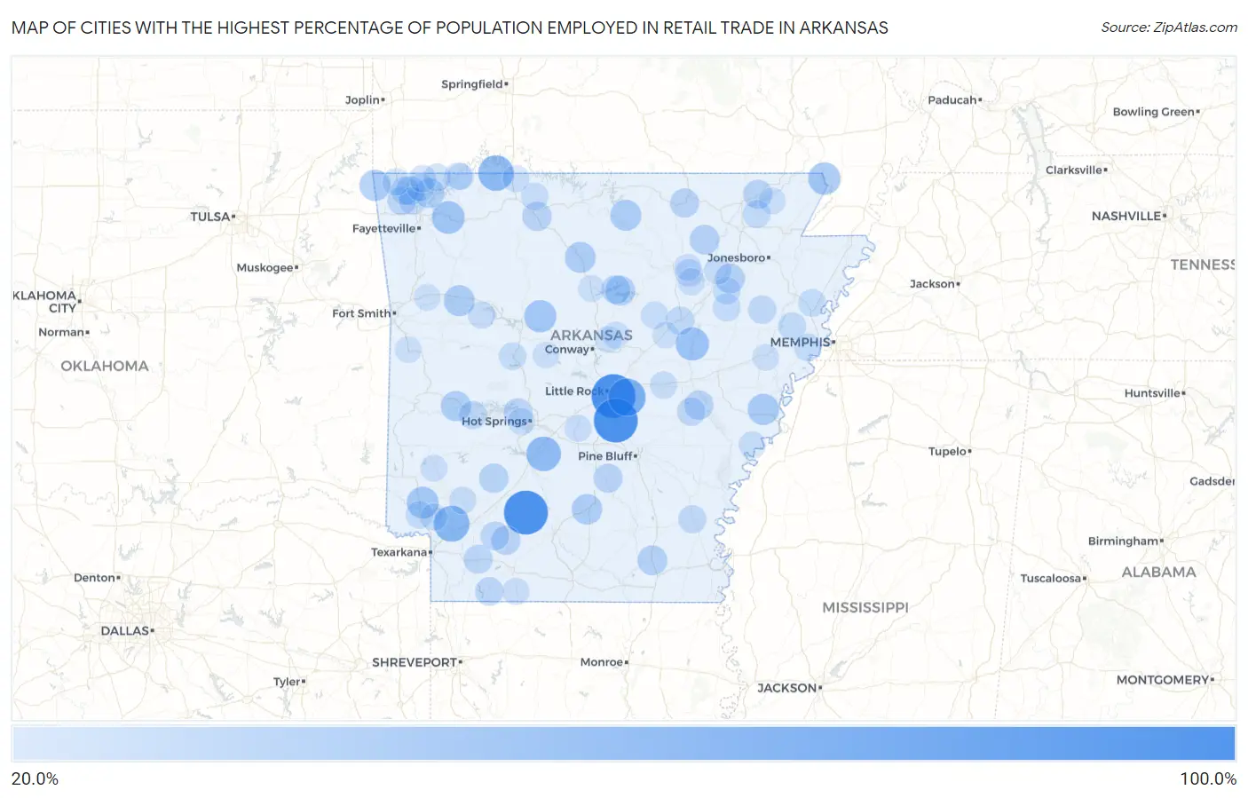 Cities with the Highest Percentage of Population Employed in Retail Trade in Arkansas Map