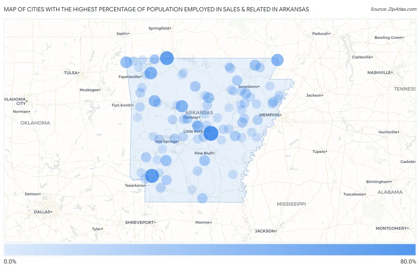 Cities with the Highest Percentage of Population Employed in Sales & Related in Arkansas Map