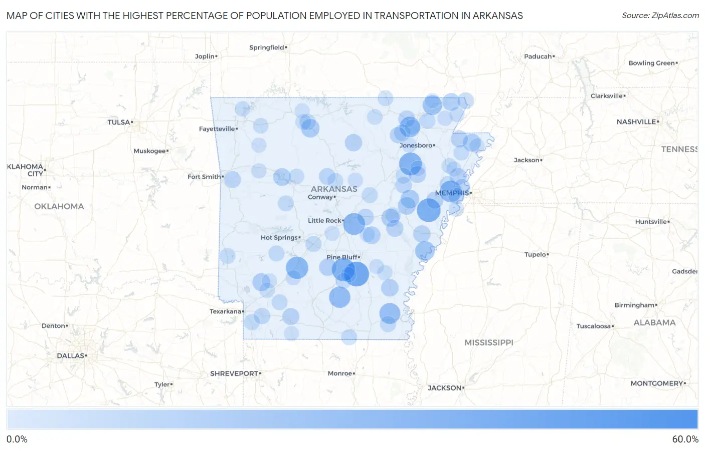 Cities with the Highest Percentage of Population Employed in Transportation in Arkansas Map