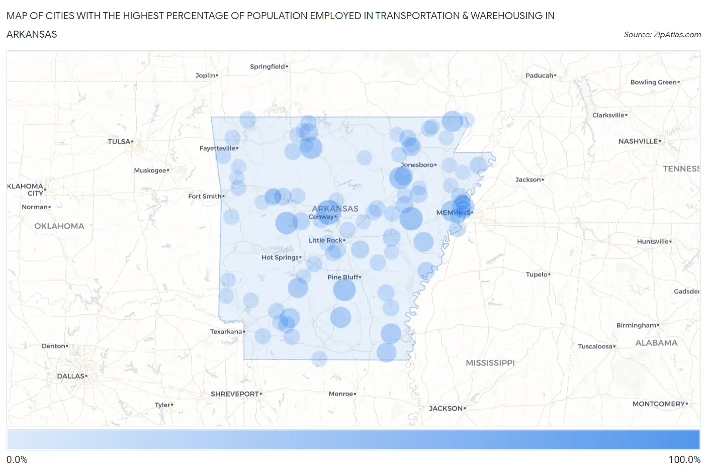 Cities with the Highest Percentage of Population Employed in Transportation & Warehousing in Arkansas Map