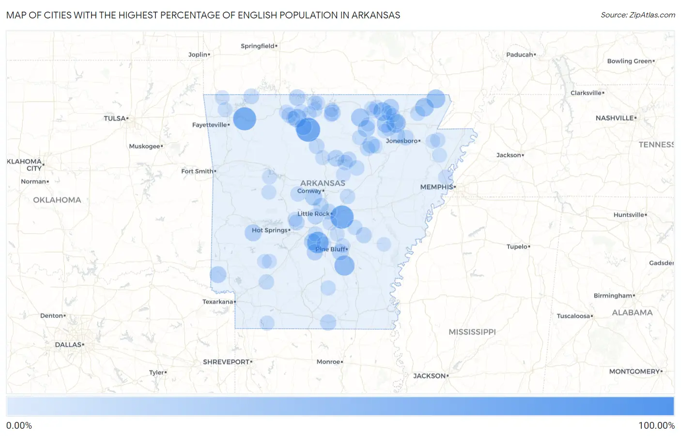 Cities with the Highest Percentage of English Population in Arkansas Map