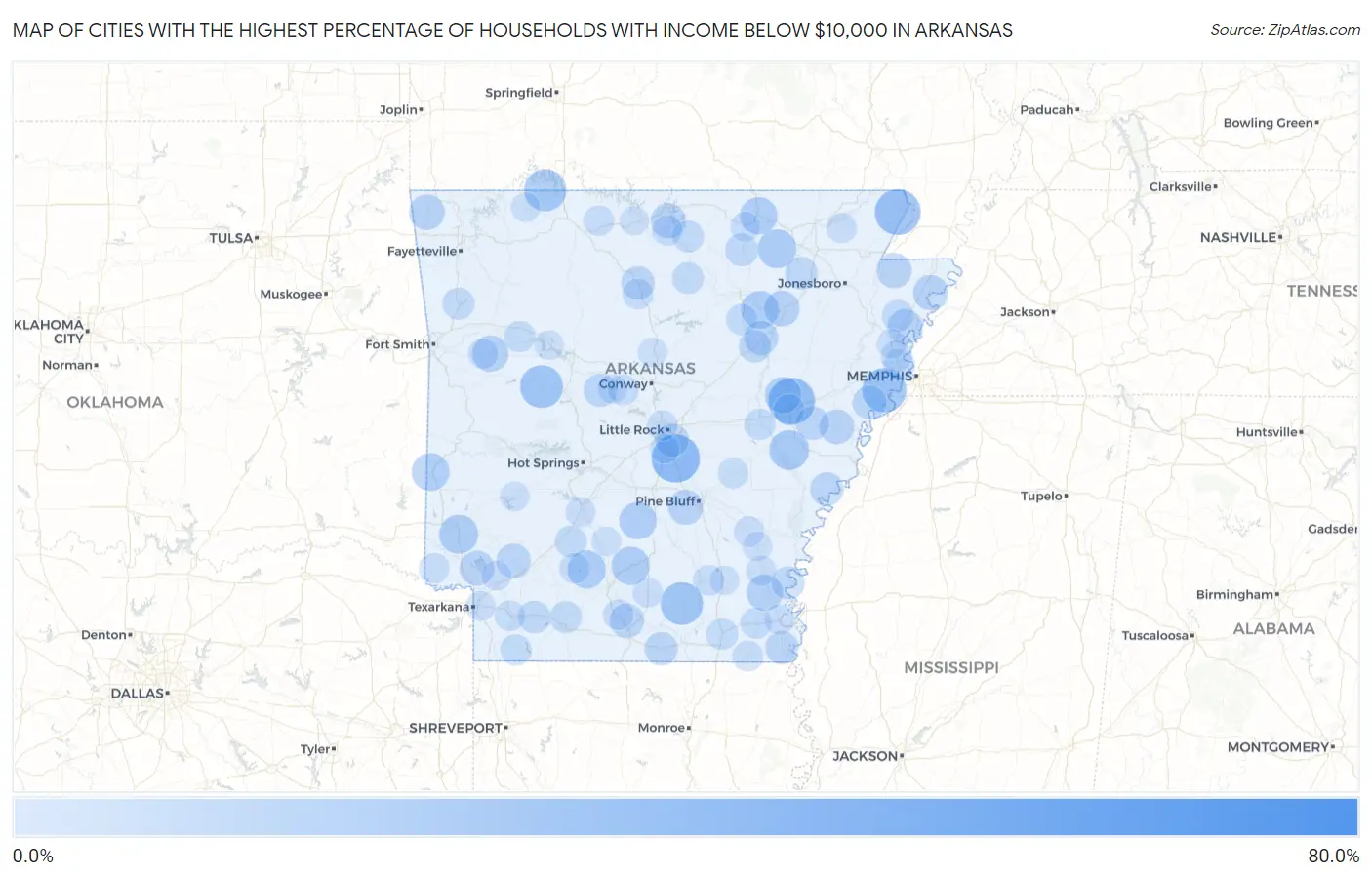 Cities with the Highest Percentage of Households with Income Below $10,000 in Arkansas Map
