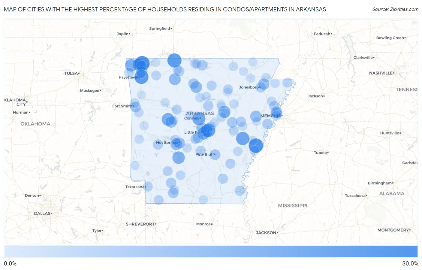 Cities with the Highest Percentage of Households Residing in Condos/Apartments in Arkansas Map