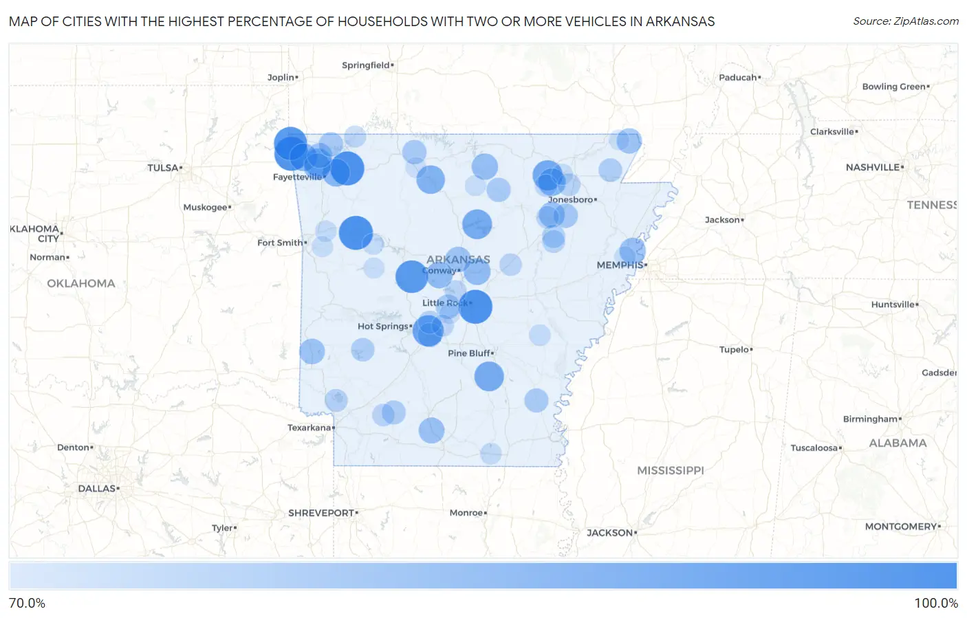 Cities with the Highest Percentage of Households With Two or more Vehicles in Arkansas Map