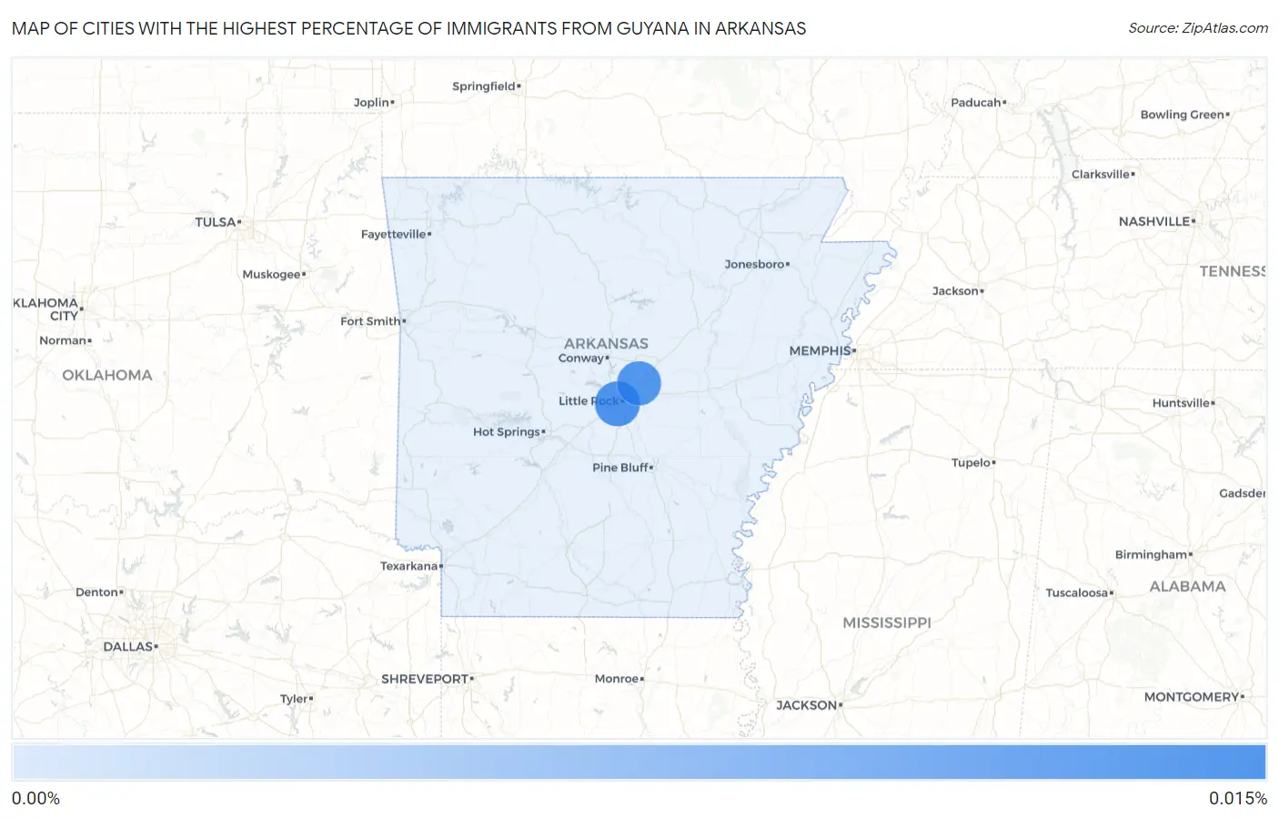 Cities with the Highest Percentage of Immigrants from Guyana in Arkansas Map