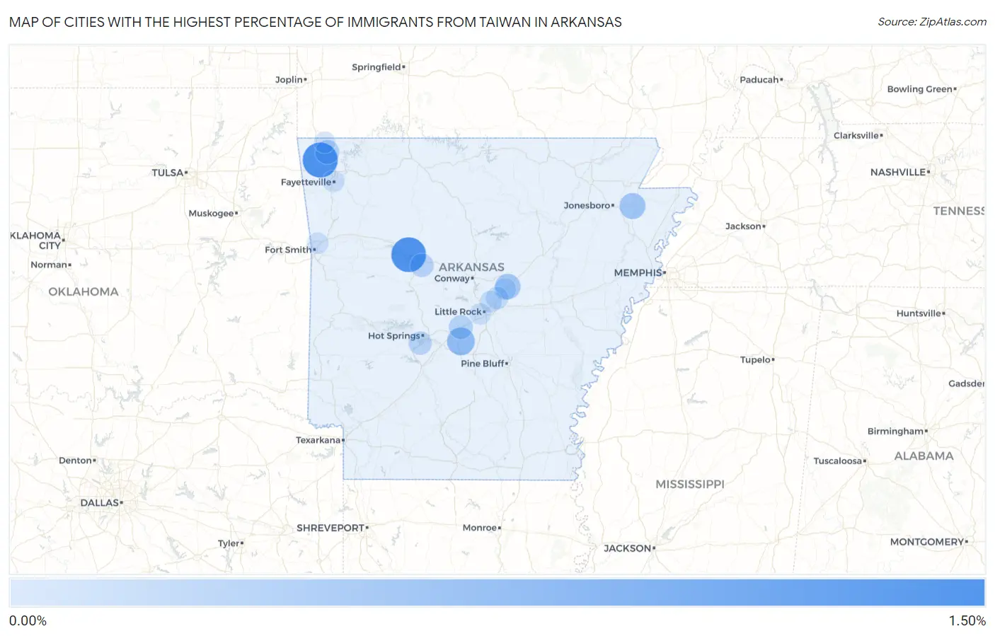 Cities with the Highest Percentage of Immigrants from Taiwan in Arkansas Map