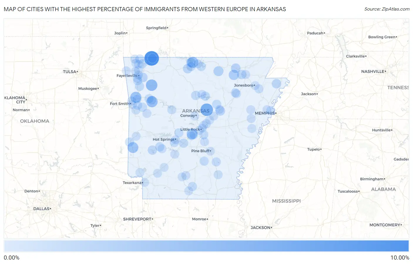 Cities with the Highest Percentage of Immigrants from Western Europe in Arkansas Map