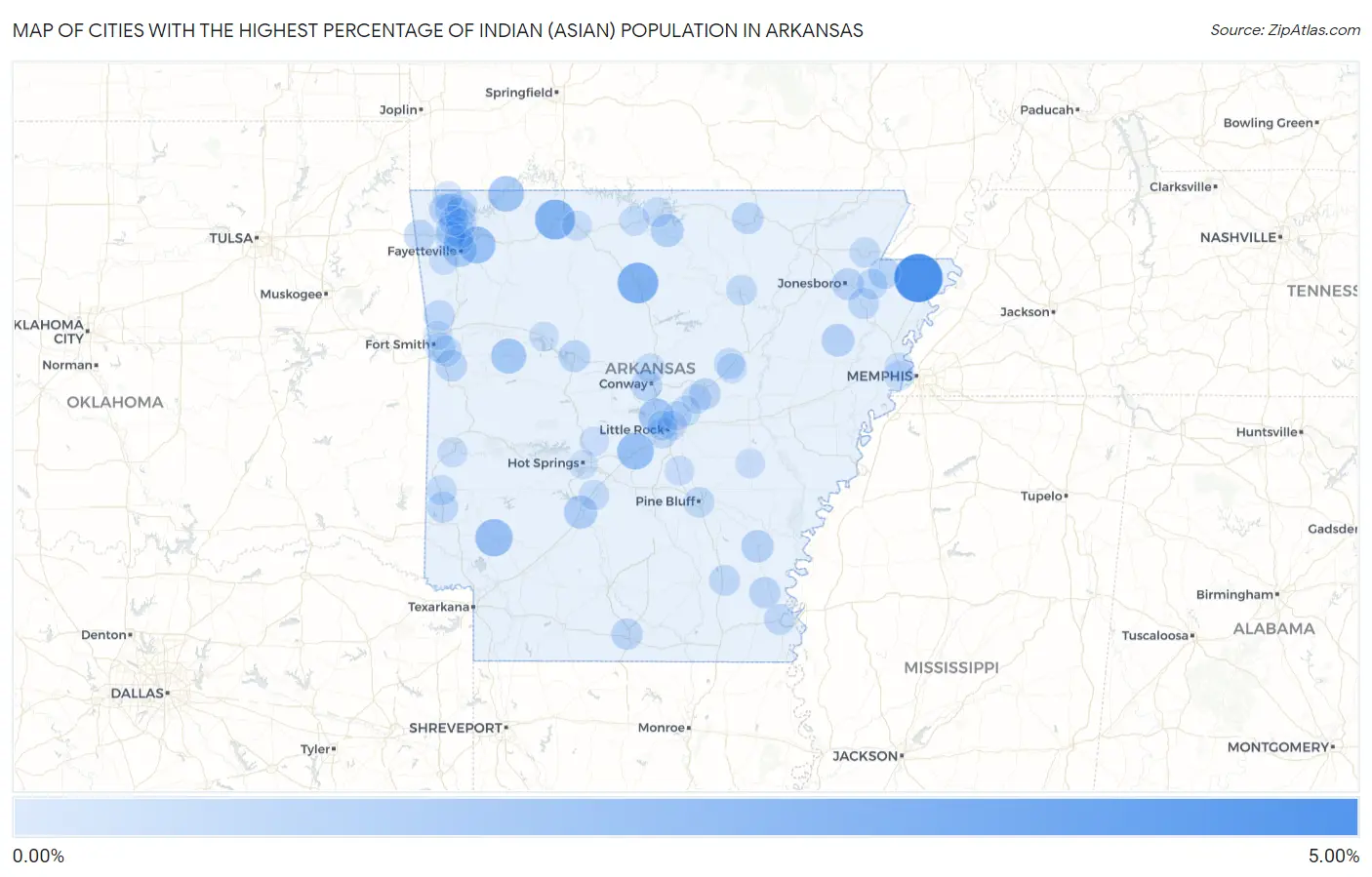 Cities with the Highest Percentage of Indian (Asian) Population in Arkansas Map