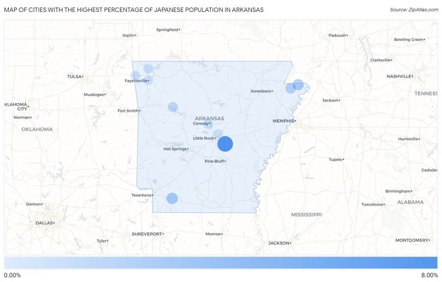 Cities with the Highest Percentage of Japanese Population in Arkansas Map