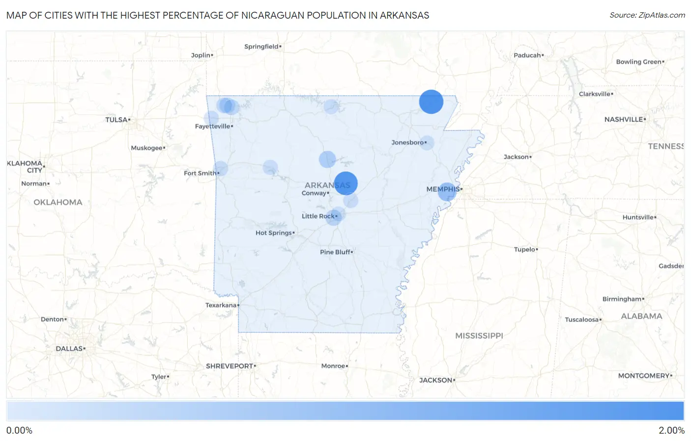Cities with the Highest Percentage of Nicaraguan Population in Arkansas Map