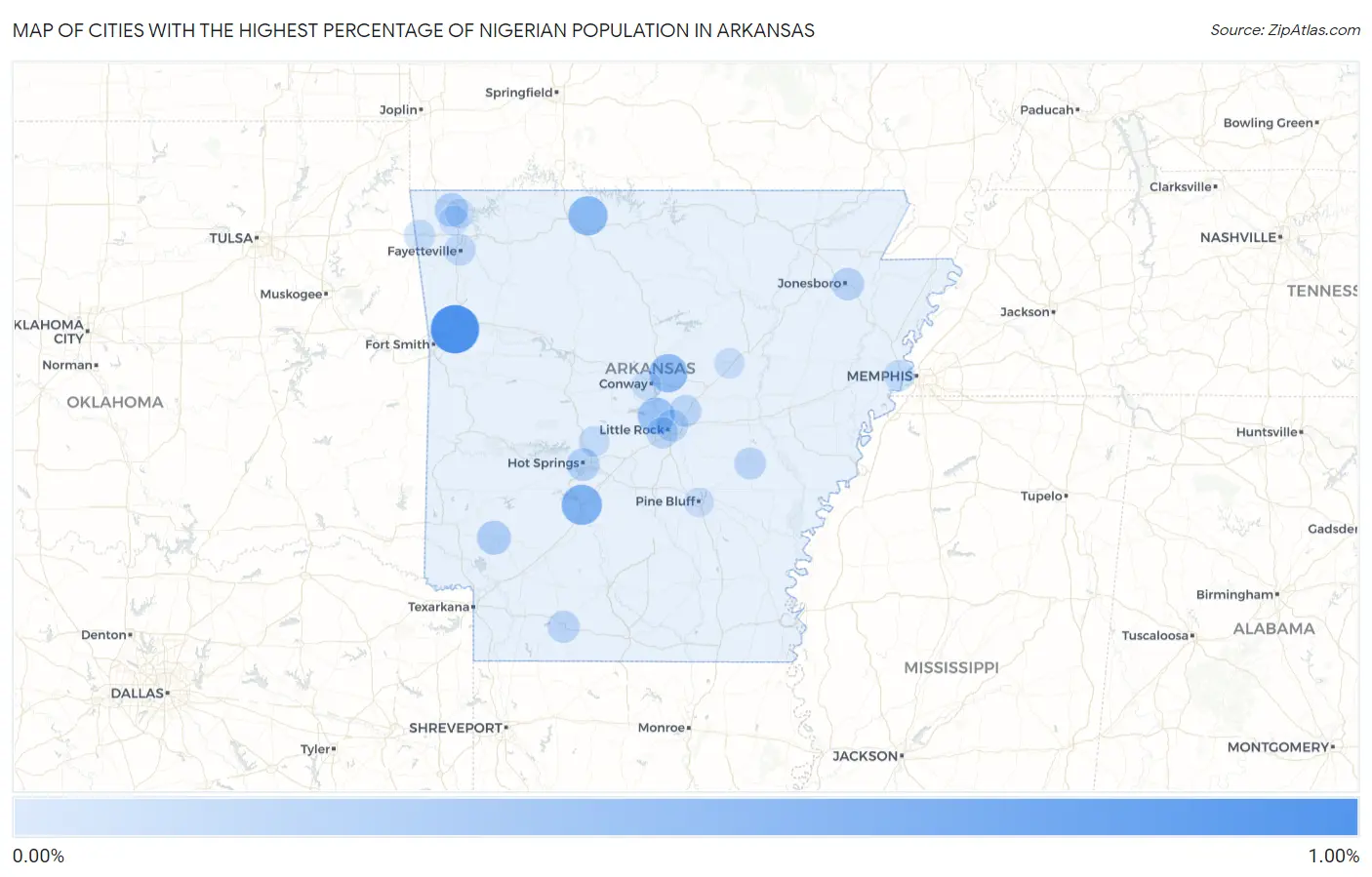 Cities with the Highest Percentage of Nigerian Population in Arkansas Map