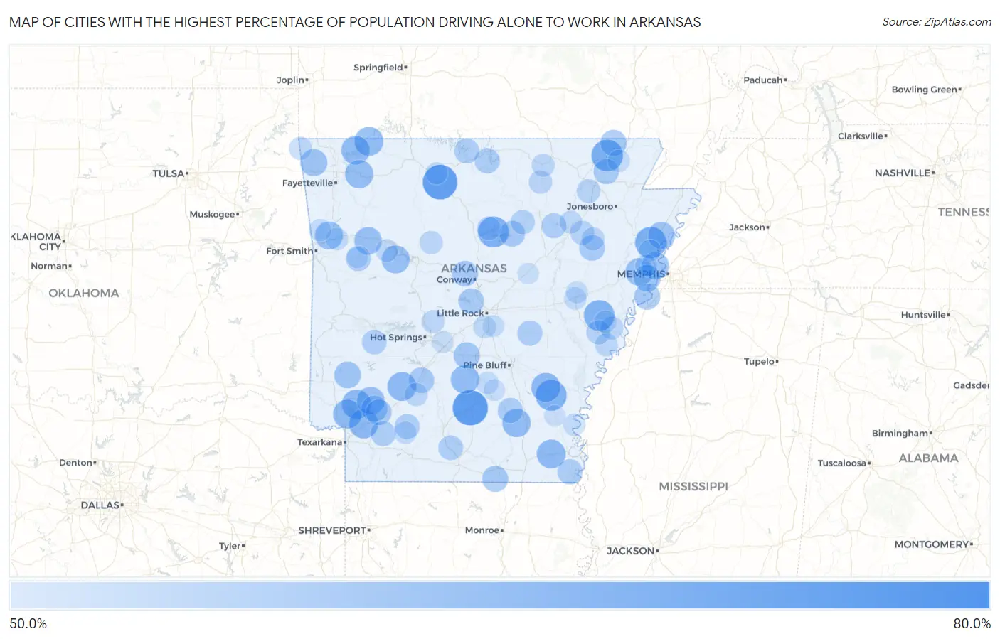Cities with the Highest Percentage of Population Driving Alone to Work in Arkansas Map