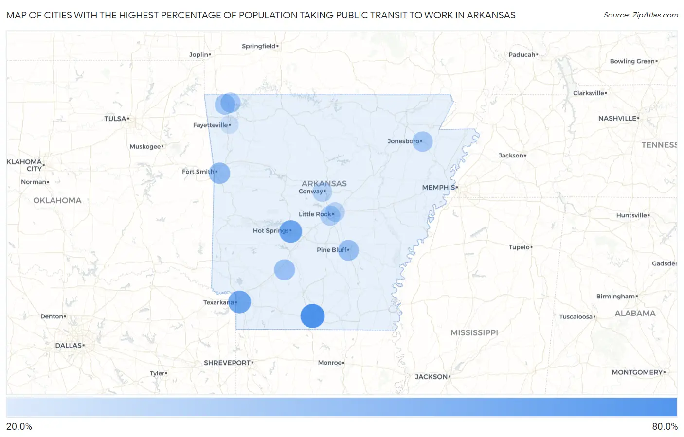 Cities with the Highest Percentage of Population Taking Public Transit to Work in Arkansas Map