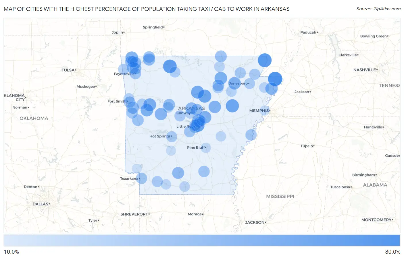 Cities with the Highest Percentage of Population Taking Taxi / Cab to Work in Arkansas Map