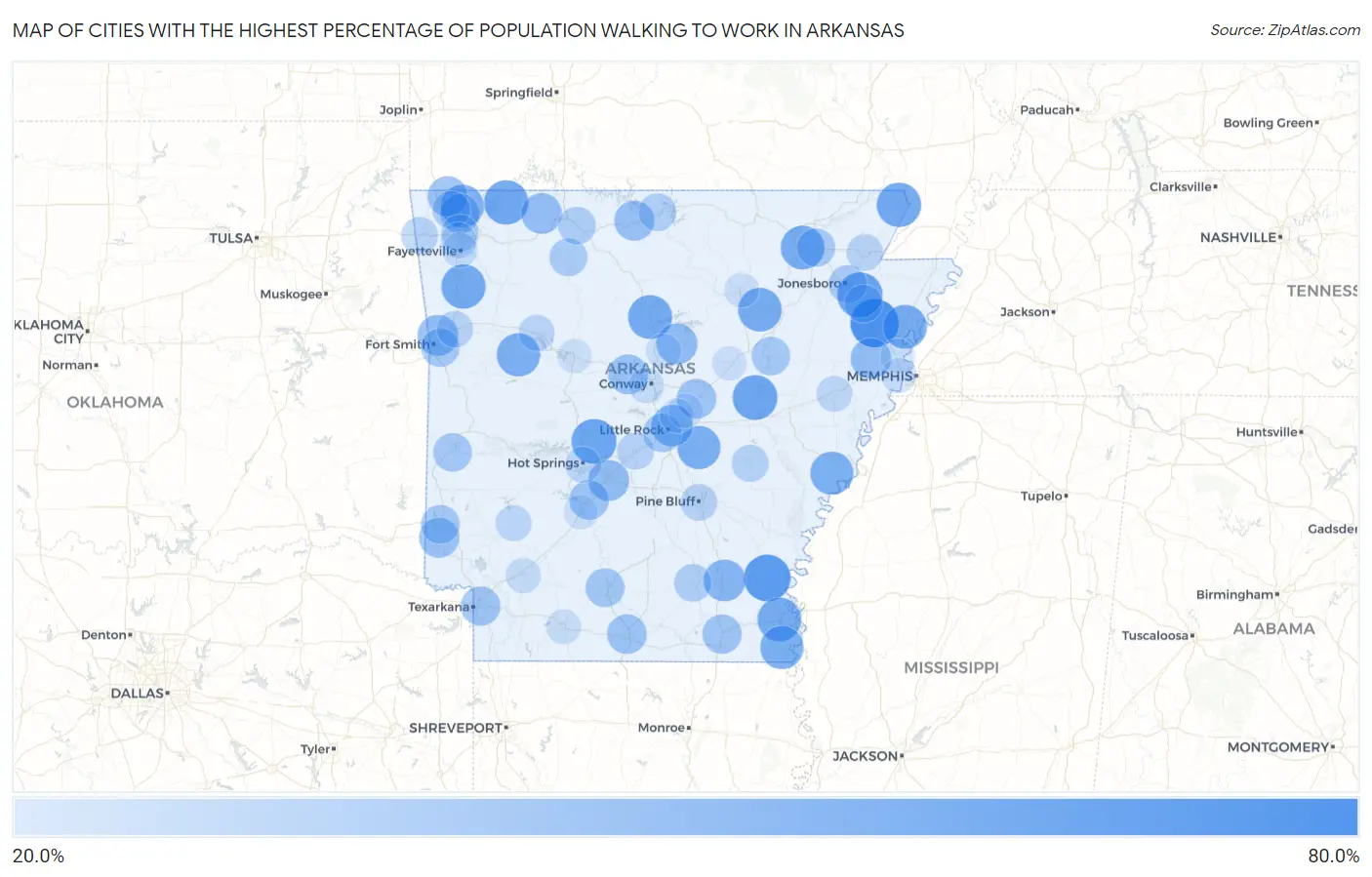 Cities with the Highest Percentage of Population Walking to Work in Arkansas Map