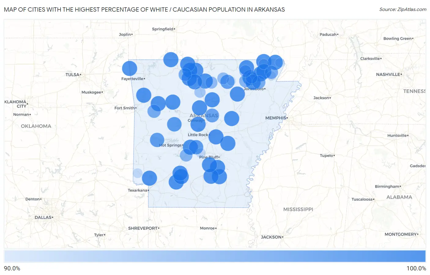 Cities with the Highest Percentage of White / Caucasian Population in Arkansas Map