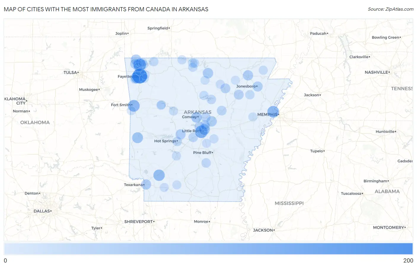 Cities with the Most Immigrants from Canada in Arkansas Map