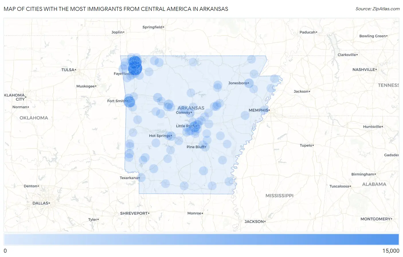 Cities with the Most Immigrants from Central America in Arkansas Map