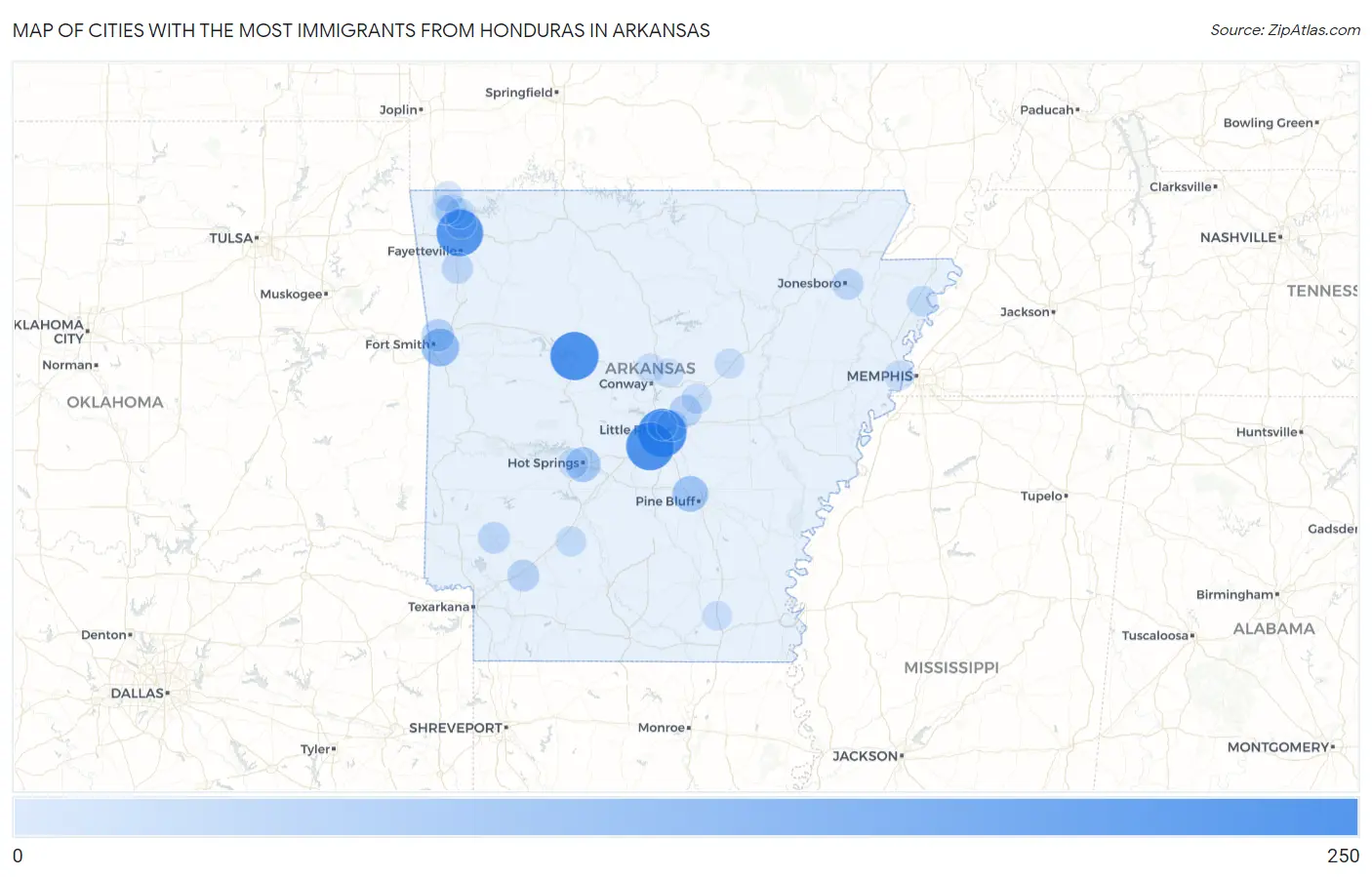 Cities with the Most Immigrants from Honduras in Arkansas Map