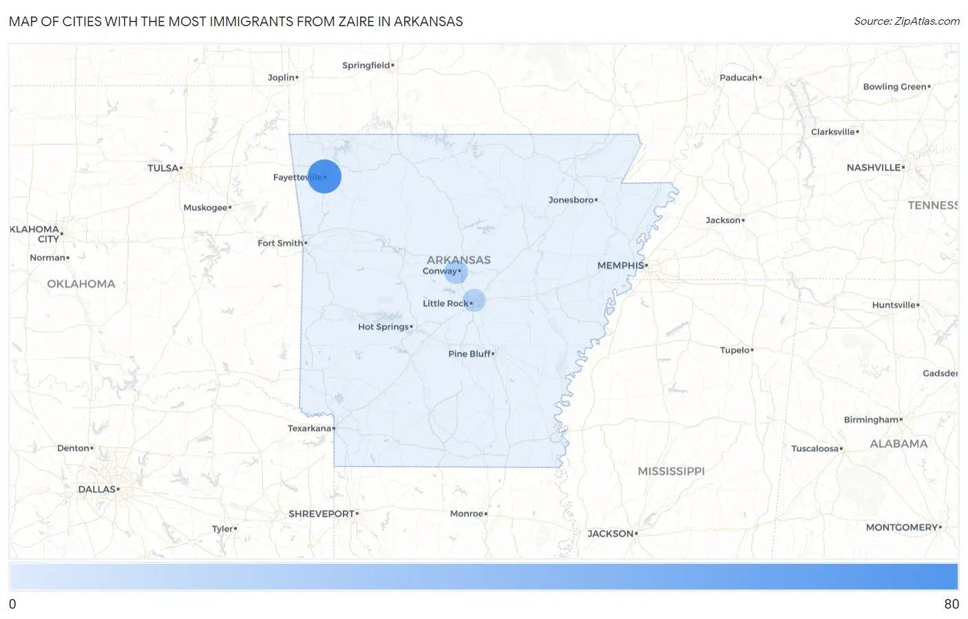 Cities with the Most Immigrants from Zaire in Arkansas Map