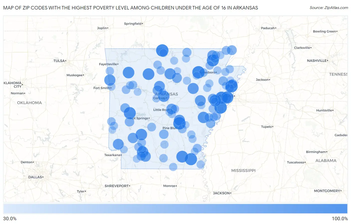 Zip Codes with the Highest Poverty Level Among Children Under the Age of 16 in Arkansas Map