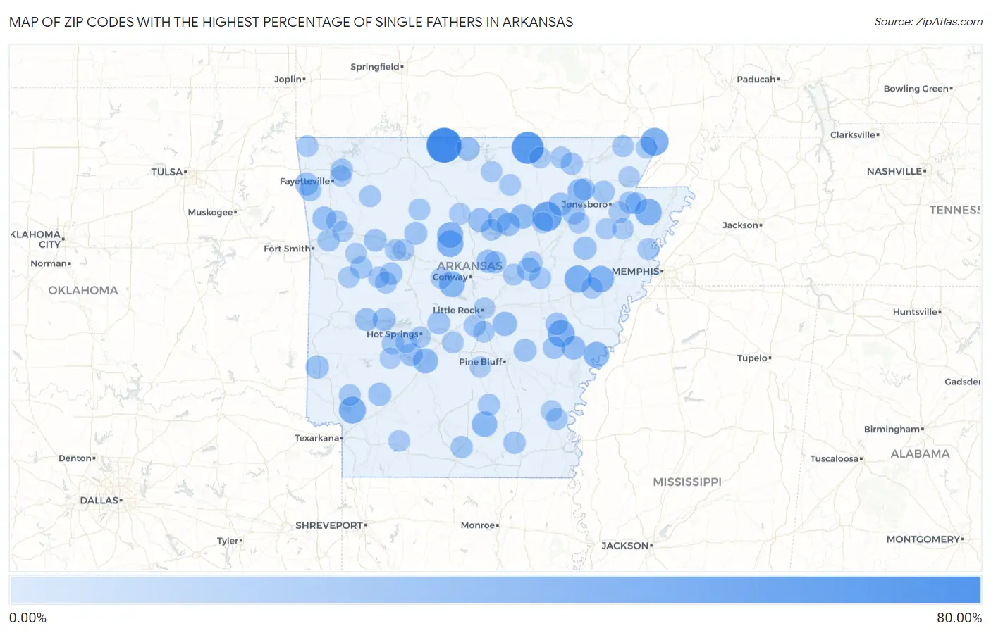 Zip Codes with the Highest Percentage of Single Fathers in Arkansas Map