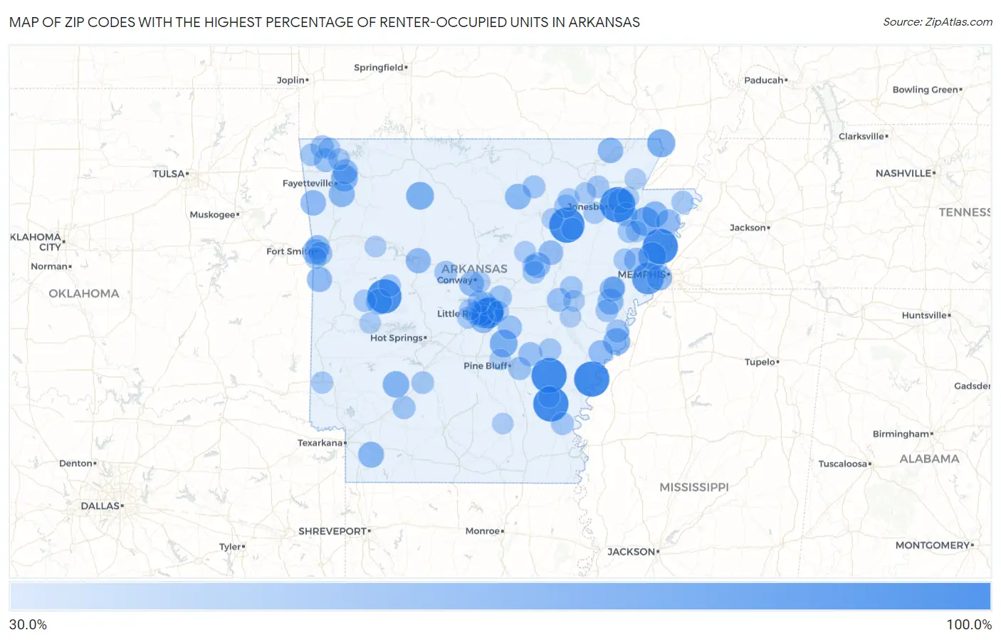 Zip Codes with the Highest Percentage of Renter-Occupied Units in Arkansas Map