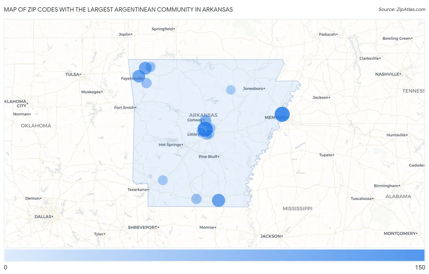 Zip Codes with the Largest Argentinean Community in Arkansas Map