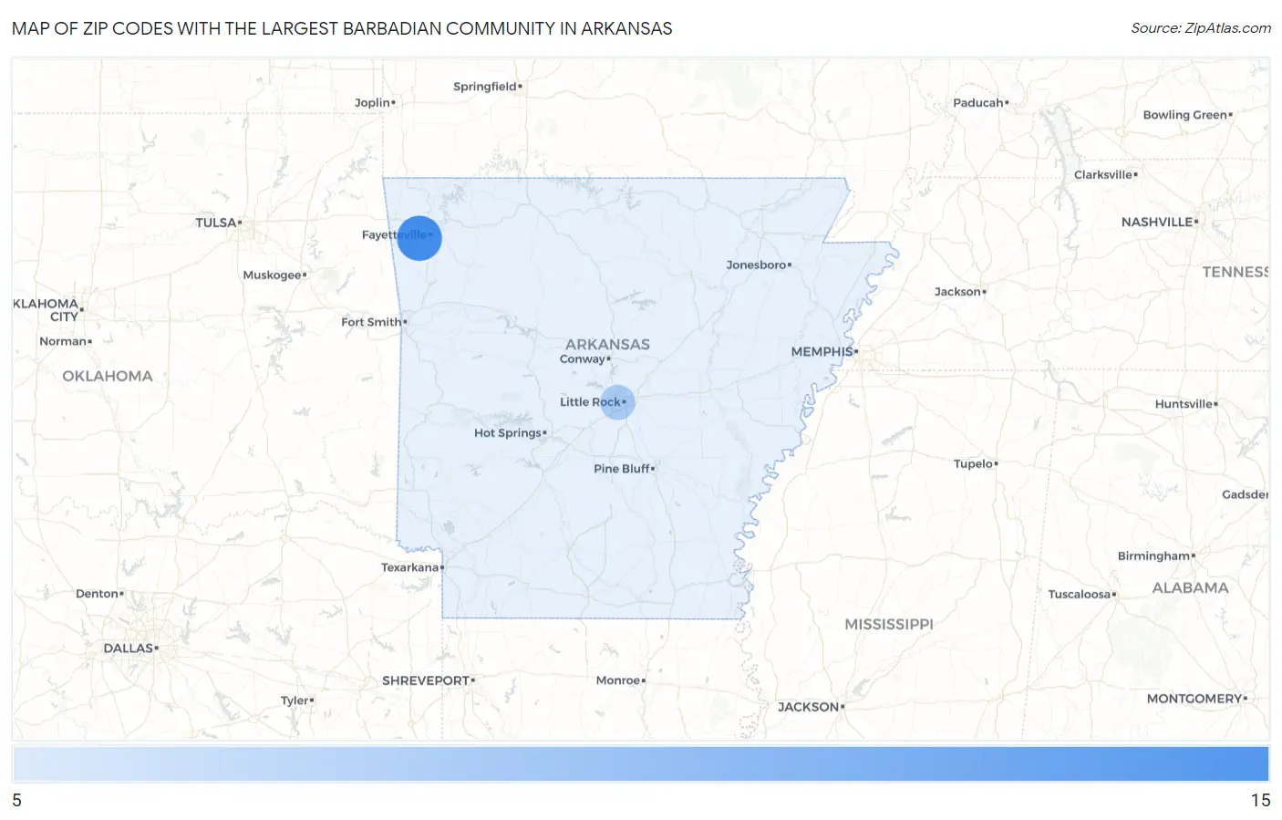 Zip Codes with the Largest Barbadian Community in Arkansas Map