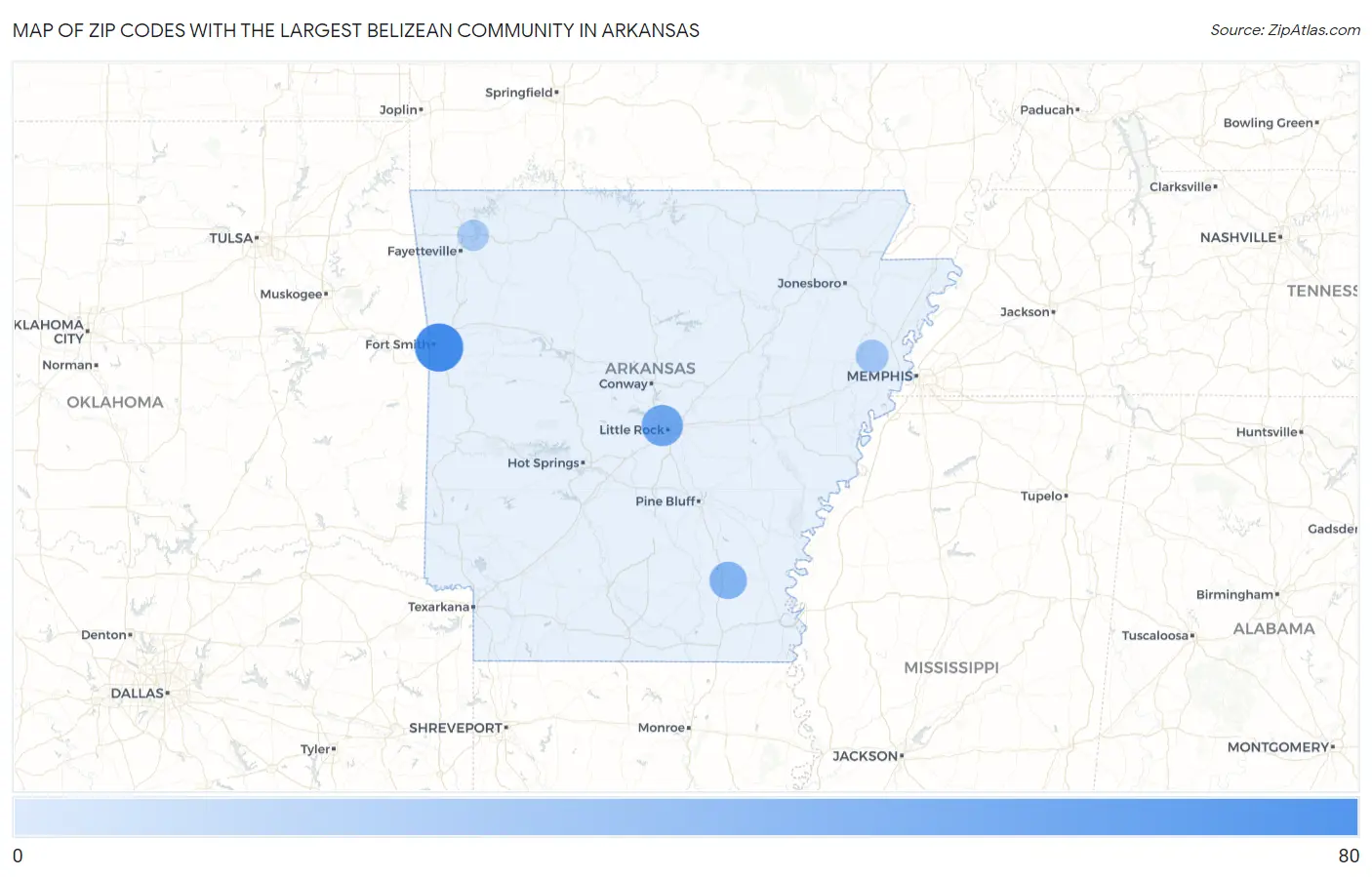 Zip Codes with the Largest Belizean Community in Arkansas Map