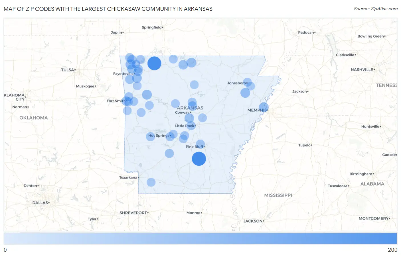 Zip Codes with the Largest Chickasaw Community in Arkansas Map