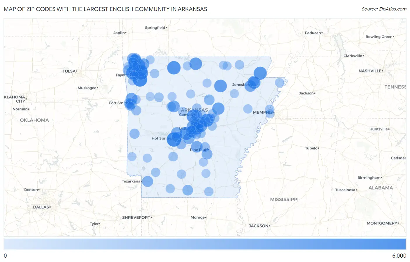 Zip Codes with the Largest English Community in Arkansas Map
