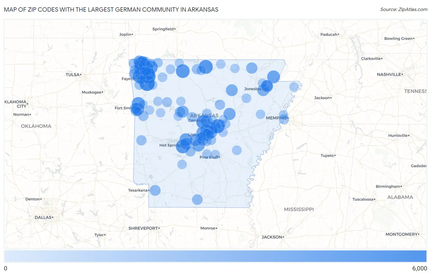Zip Codes with the Largest German Community in Arkansas Map