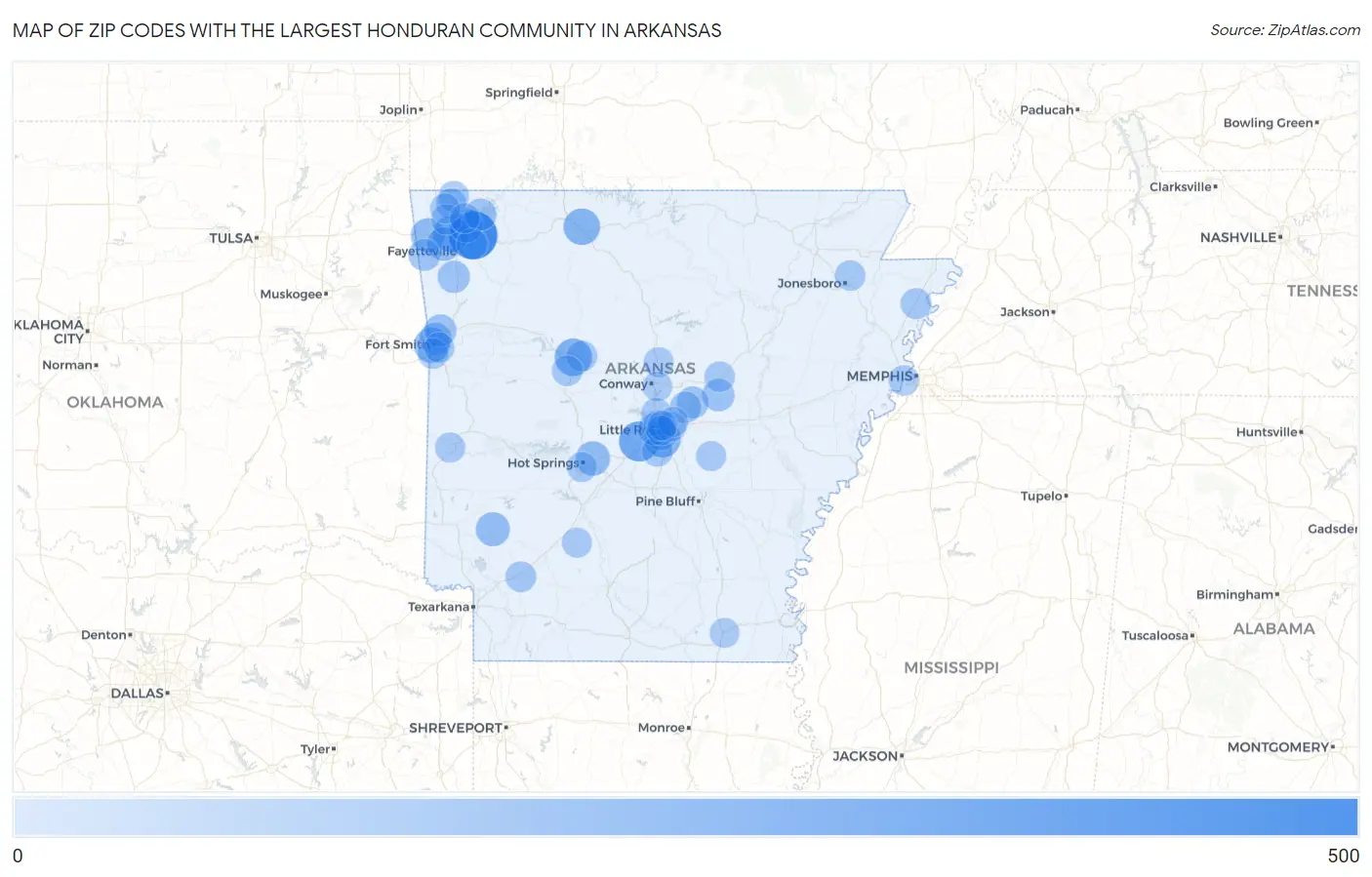 Zip Codes with the Largest Honduran Community in Arkansas Map